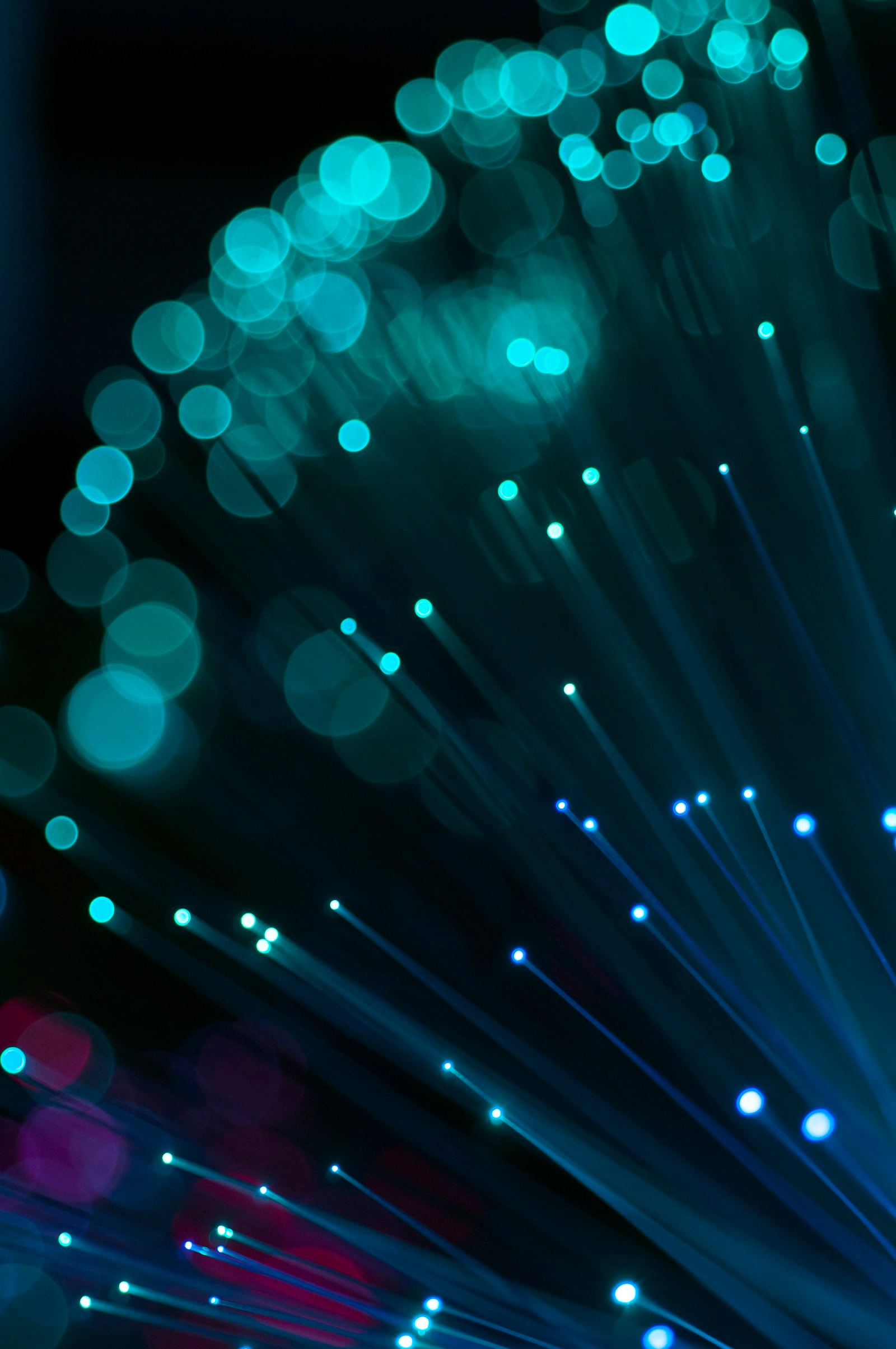 Blue fibre-optic strands glowing in the dark